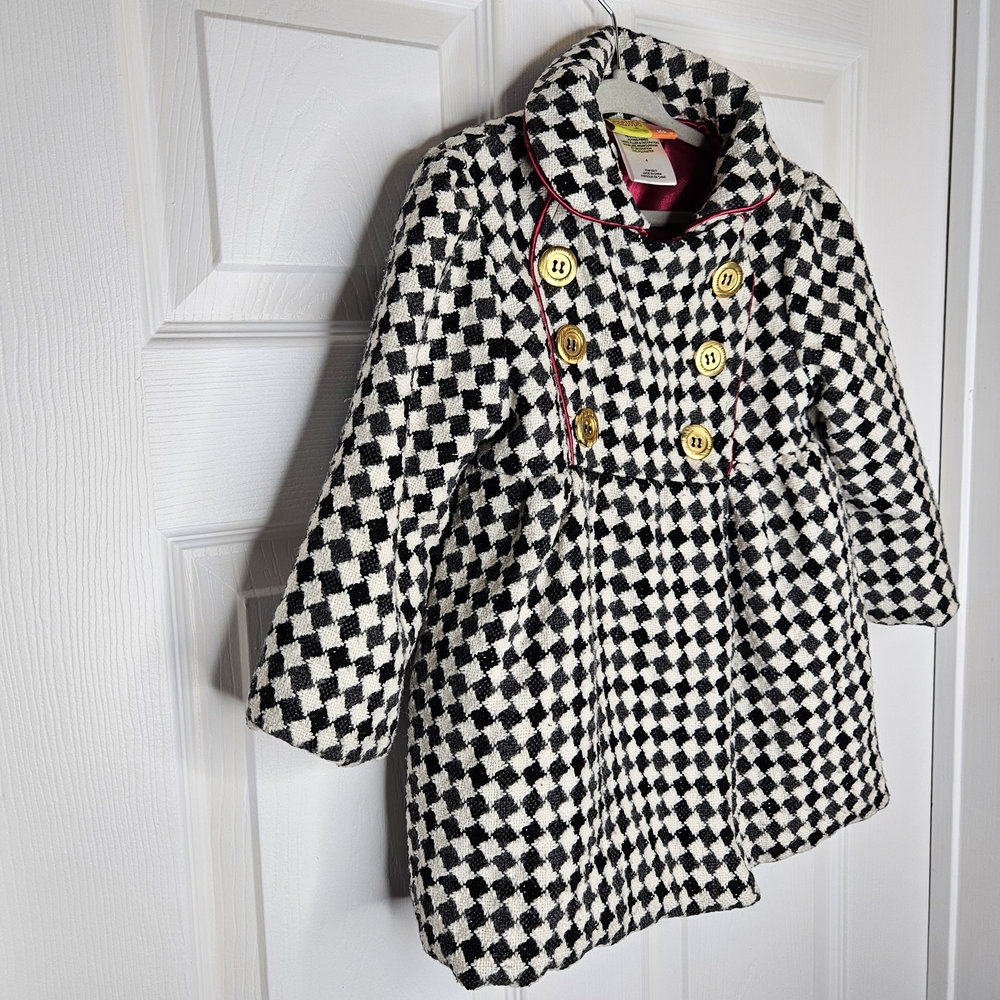Penelope Mack Girls Black Cream Checkered Pea Coat Fuschia Pink Accents Size 4